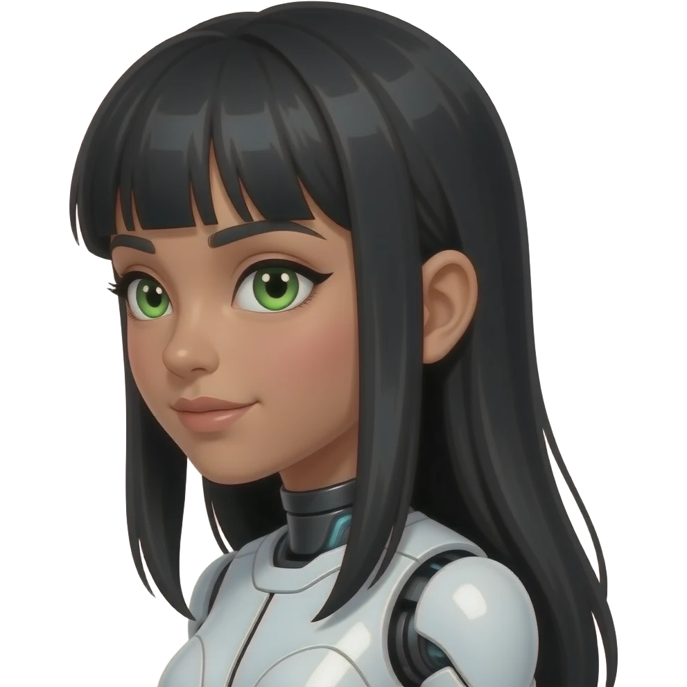 very pretty robot girl with green eyes and long black hair, redish cheecks and high heekbones with bangs with a longer face and olive skin  face should be turned to the side emoji
