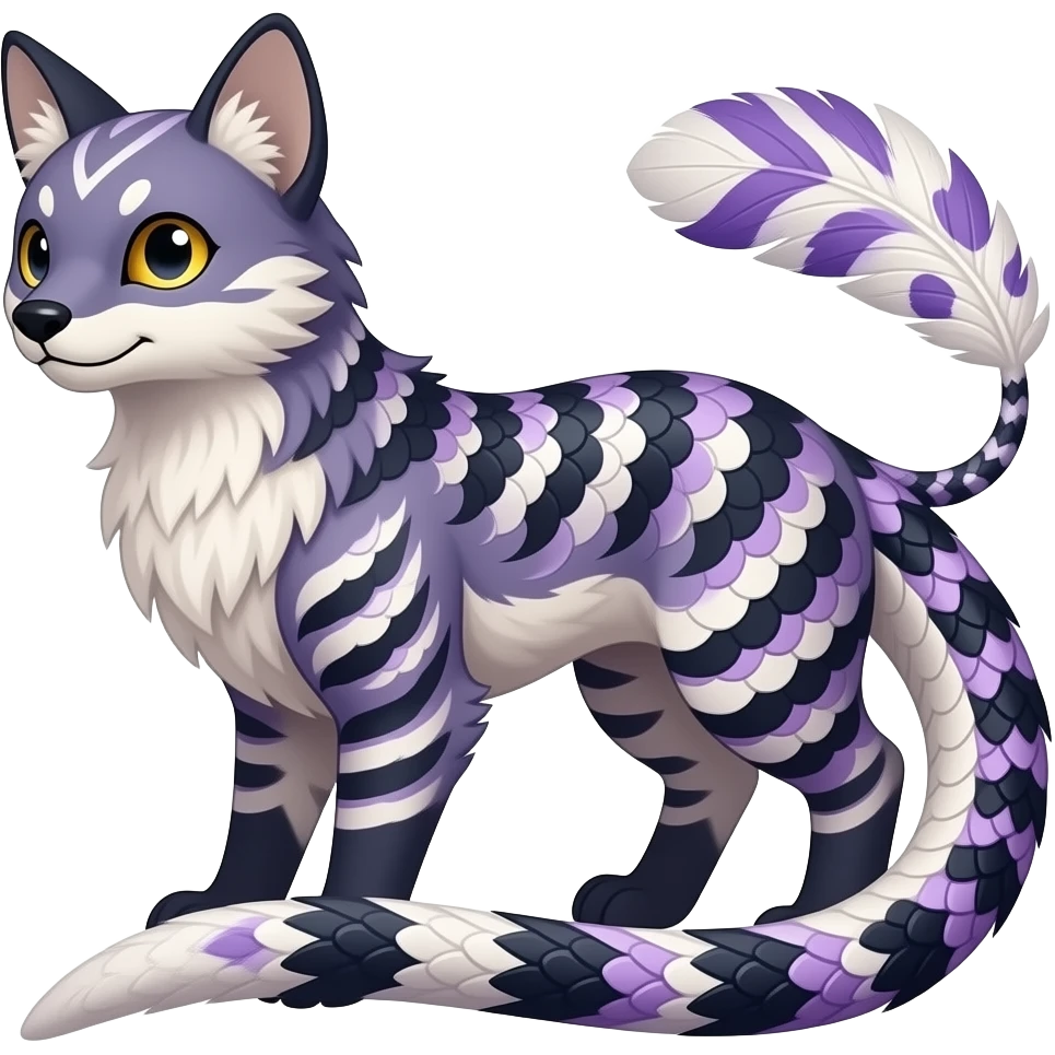 Thylacine-stripe-patterned majestic feathery elegant realistic stylish Furry, feathery fluffy tropical flecked painted feathery scaly, Purple, white, black, Minccino-Bambino-Lykoi-Linoone-Zangoose-fusion-hybrid-animal-Fakémon-creature, full body, thin long sleek scaly tail, intricate markings emoji