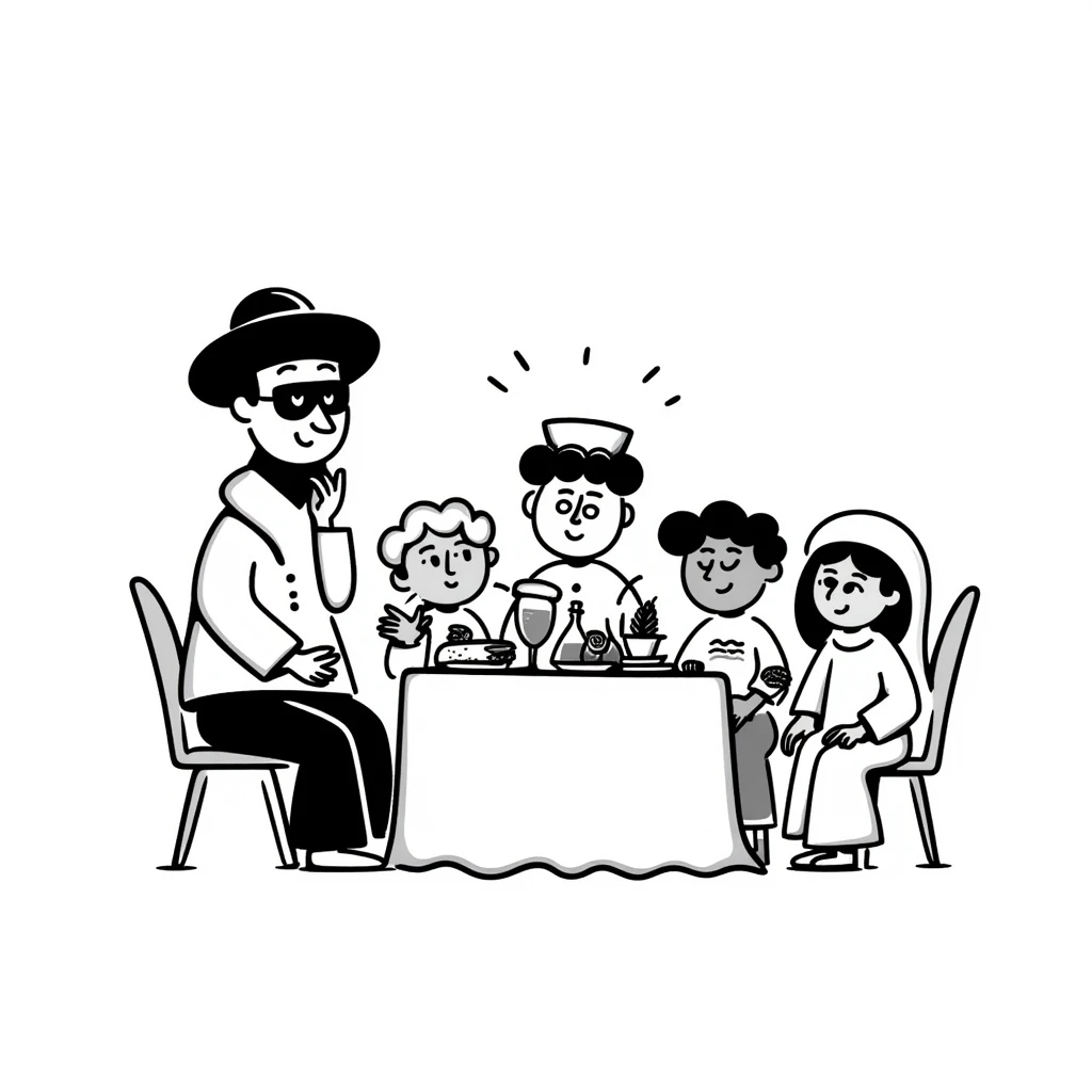 hand-drawn doodle of a burrito dressed as a bandit, sharing iftar with friends, black doodle style emoji