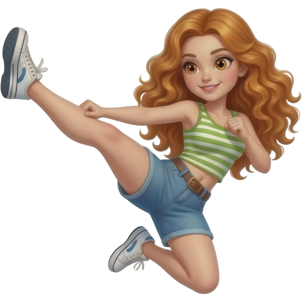 sexy girl with long curly ginger hair and ginger eyes is kicking emoji