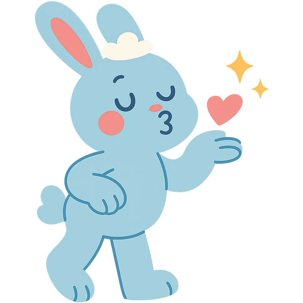 full-body pastel blue bunny with cloud, blowing a kiss with sparkles, pastel-toon style emoji