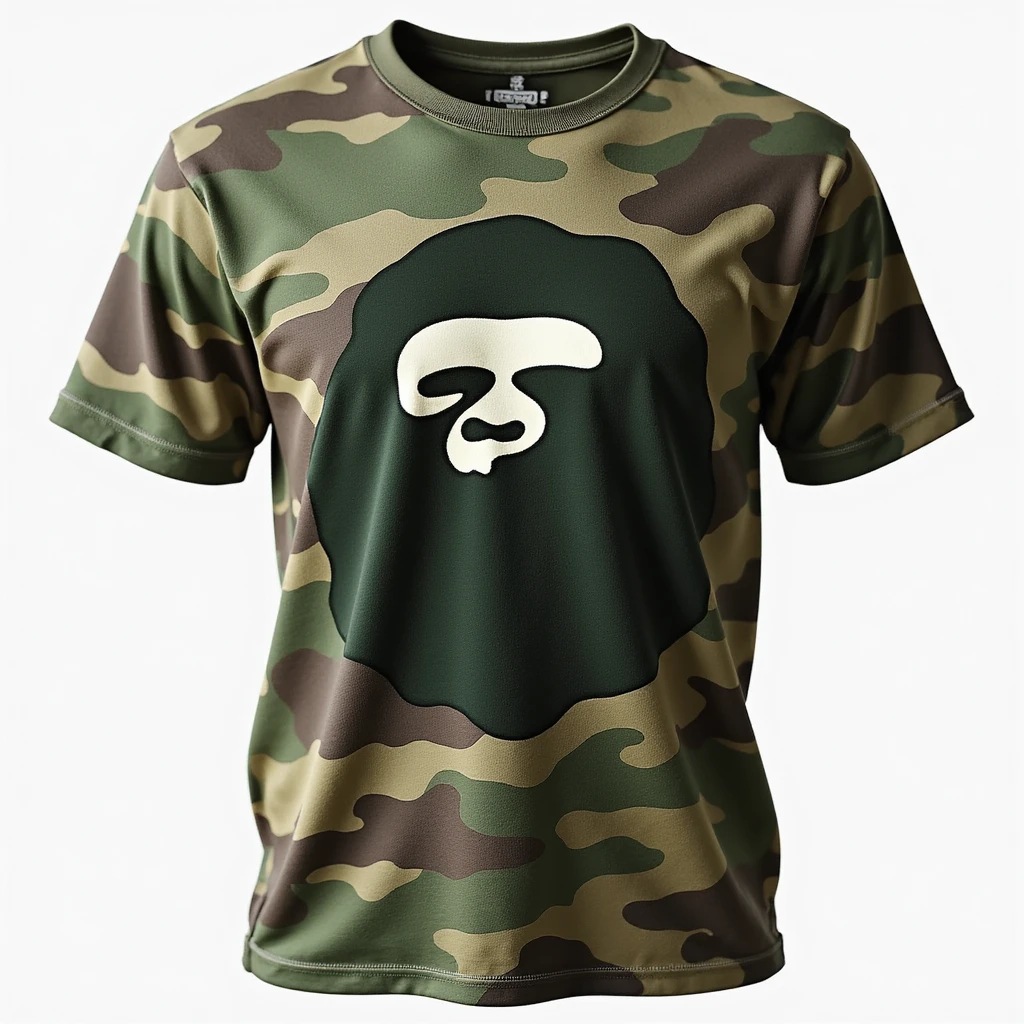 BAPE t-shirt, photorealistic style, detailed fabric texture, classic green camo, realistic lighting, front view emoji