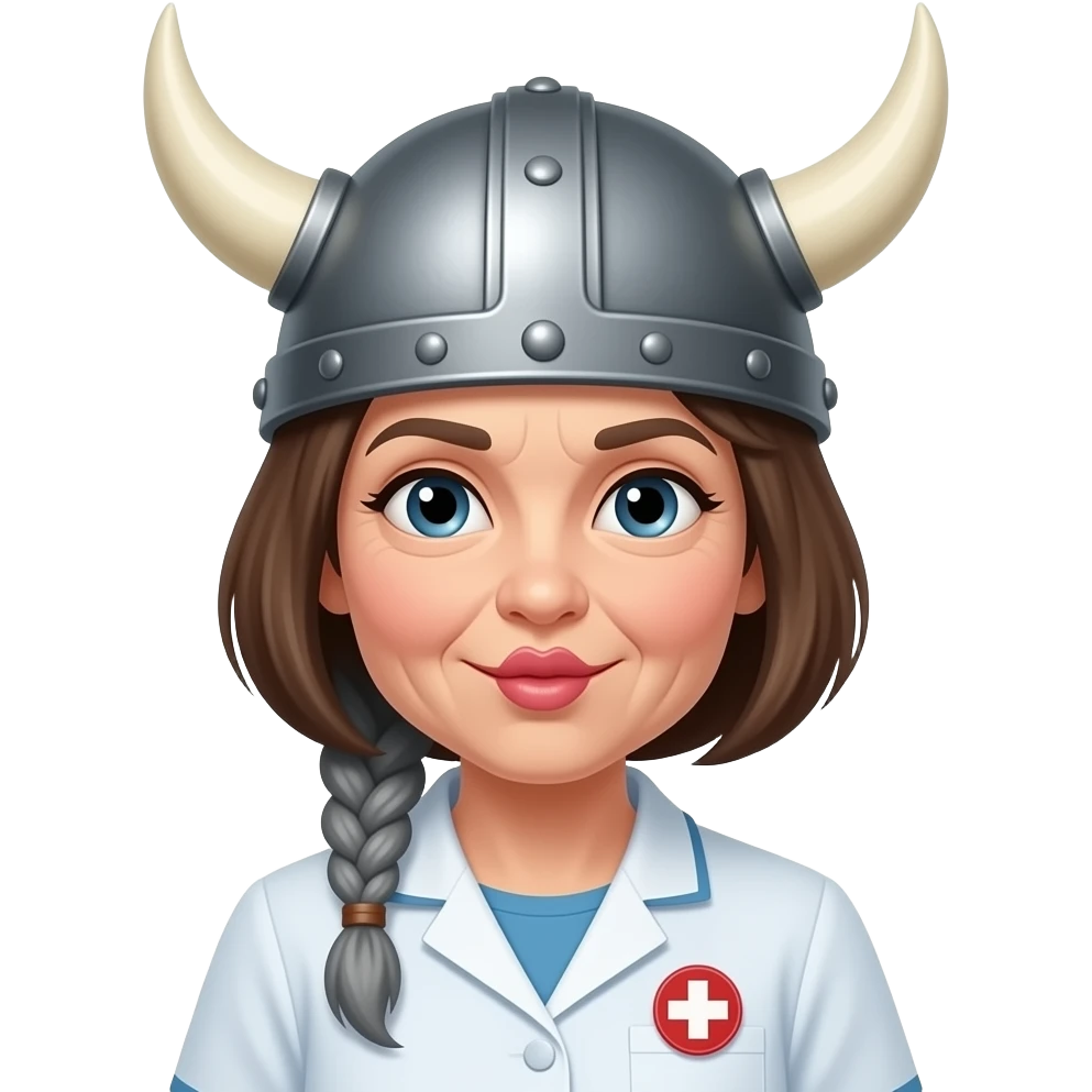 Viking helmet  gray braids old woman kissing shortest hair brunette old nurse emoji