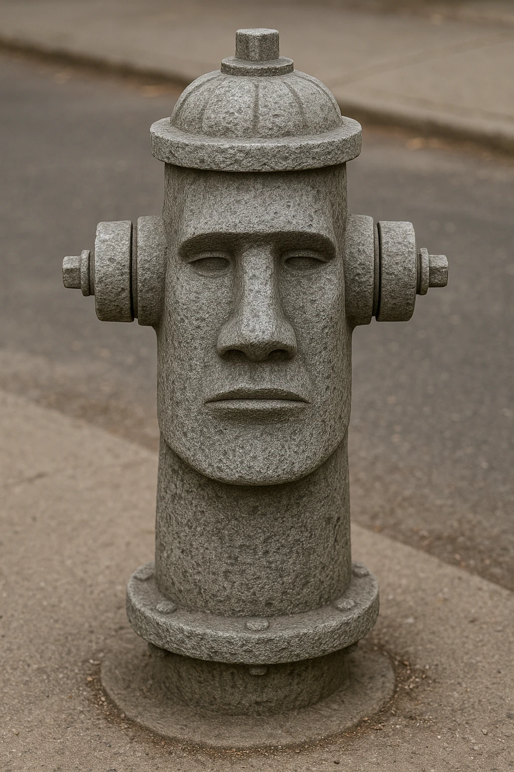 A fire hydrant shaped like the Moyai statue, featuring a stone texture, with the hydrant's nozzles forming the statue's ears, and a neutral expression. emoji