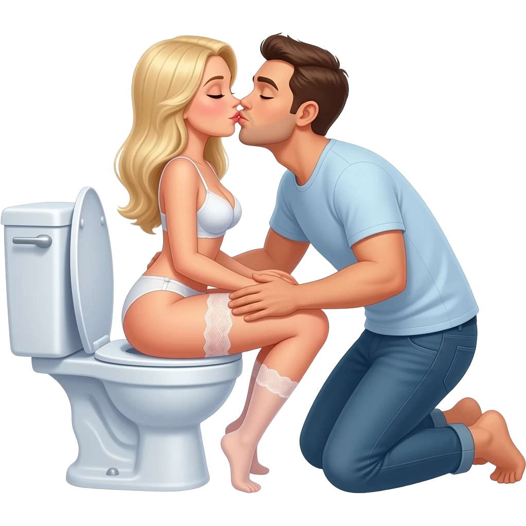 White blonde woman in lingerie sits reverse on open toilet while man knees behind her kissing her butt. Eyes closed emoji