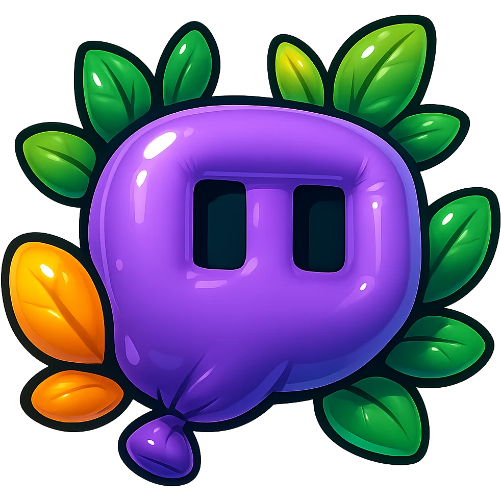 Super rounded, extra plump Twitch logo in cartoon style, very soft and puffy, with bold black outline, expressive shadows, glossy highlights, and bright leaves around the logo. No sharp corners, no background. Emphasize maximum roundness and puffiness, matching the previous reference style. emoji
