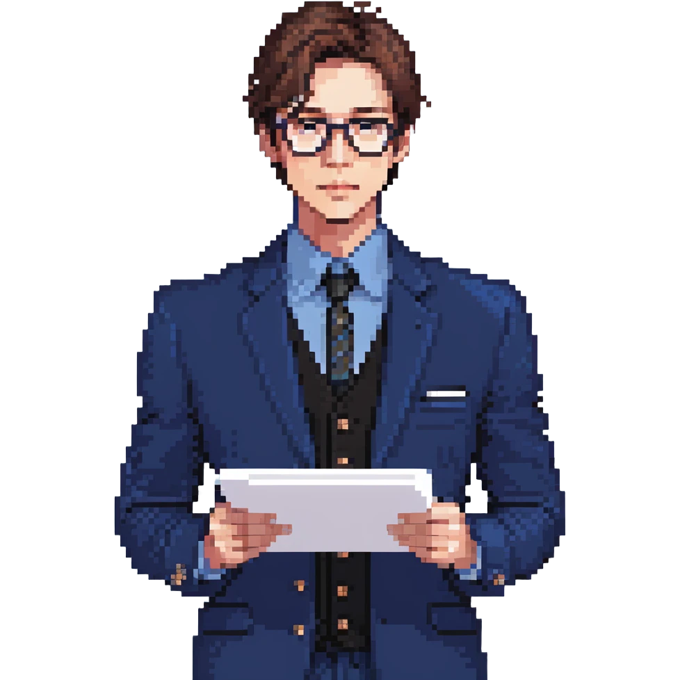 Flat pixel art, focused and reserved male architect, American, Caucasian features, short sleek brown hair, wearing glasses, intense sharp eyes, wearing a deep indigo suit jacket over a black shirt, holding a blue print, waist-up, front-facing emoji