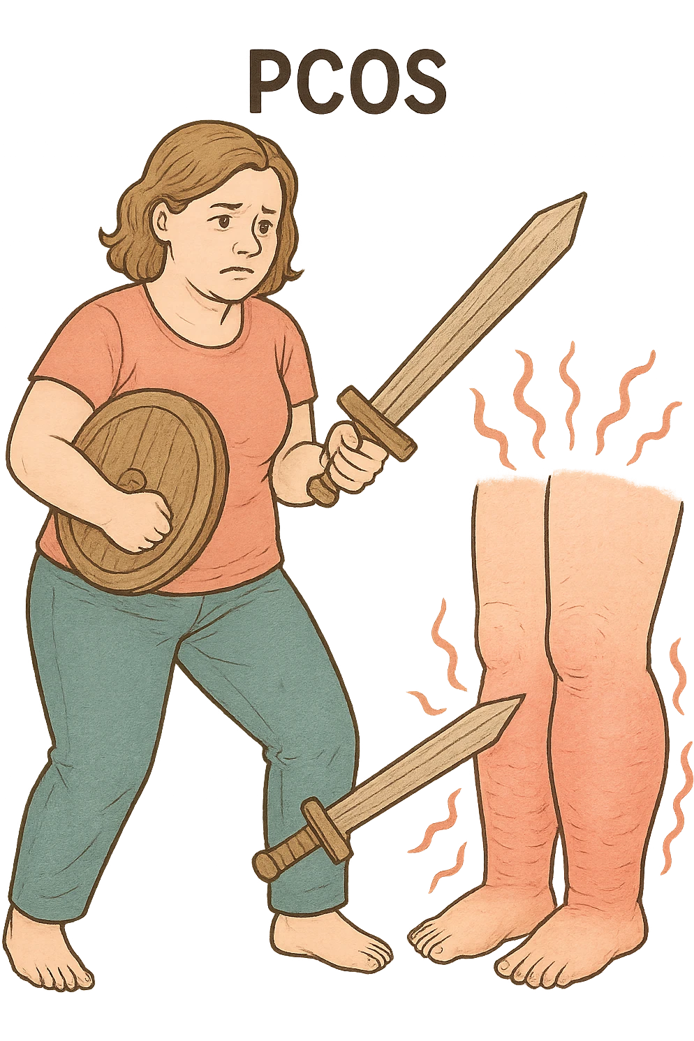 vertical format medical illustration of a woman with PCOS fighting her swollen legs, clear and expressive, focus on medical educational style, no background emoji