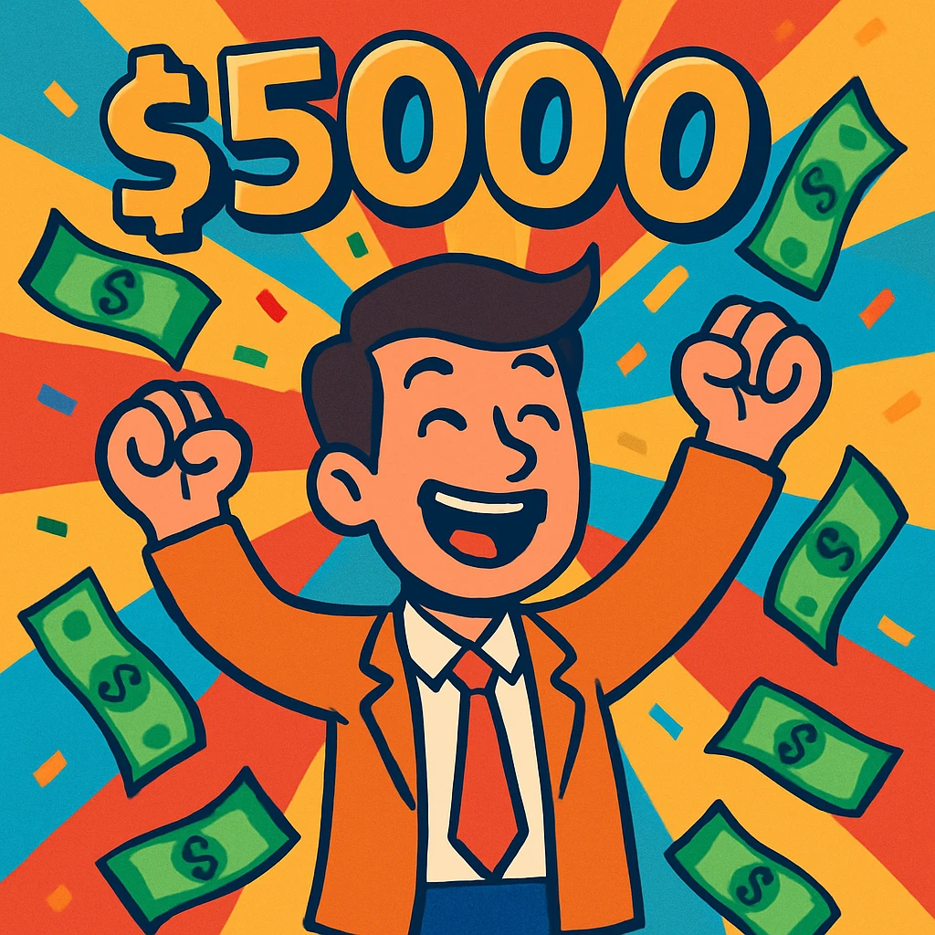 a man celebrating with money flying around him, symbolizing making $5000, vibrant colorful style emoji