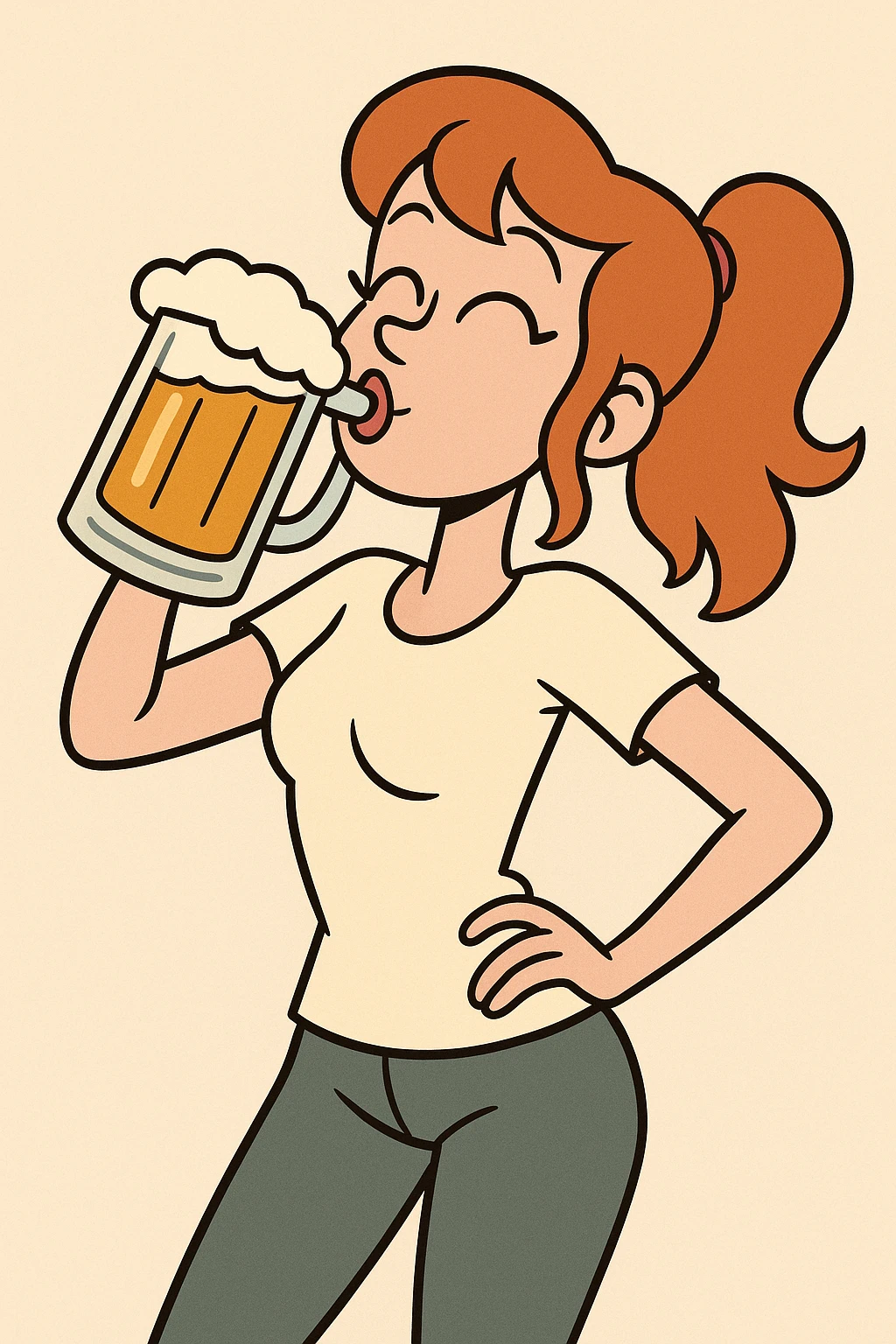 ginger-haired girl drinking beer, playful pose, cartoon style, bold outlines emoji