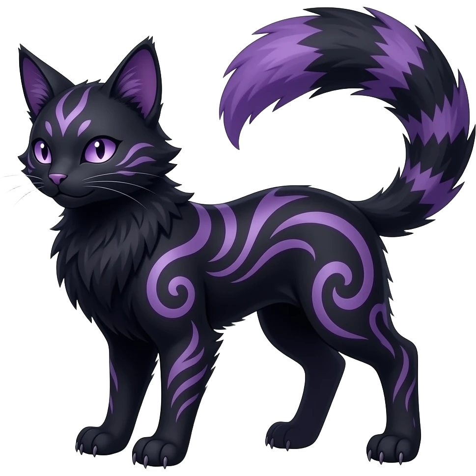 Realistic dark black purplish blackish edgy fantasy ethereal feline-vernid-sergal-monster-furret-Lycanroc-umbreon-fursona-animal-creature, full body with intricate markings emoji