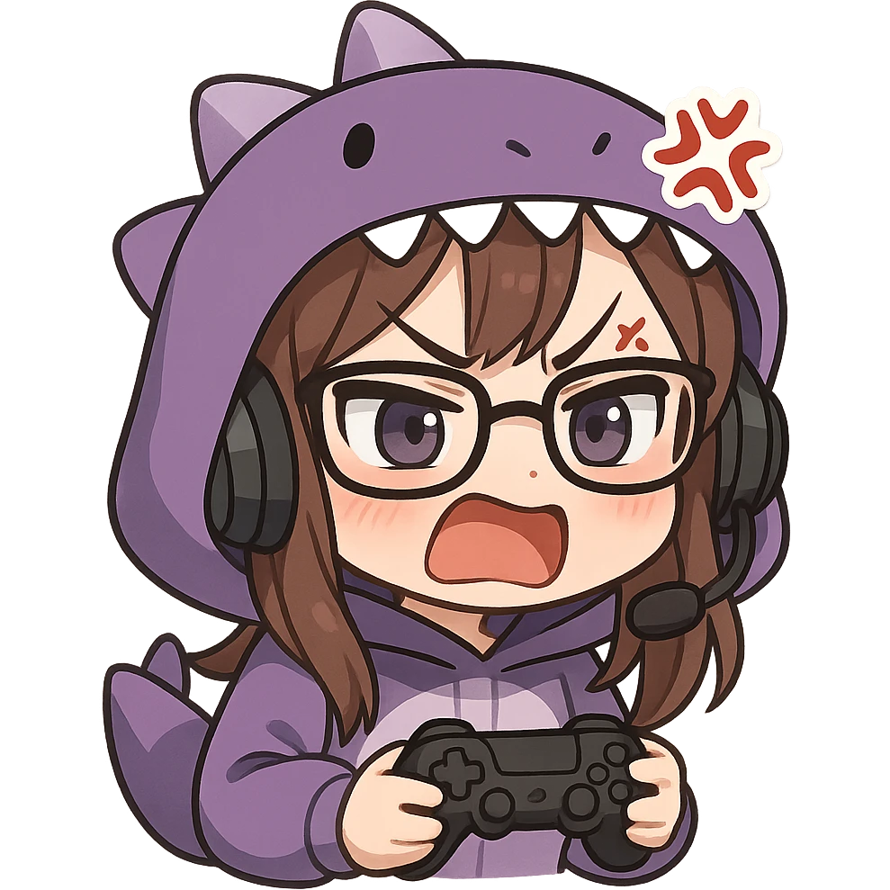 chibi anime style gamer girl with glasses, brown hair, dark purple eyes, wearing a purple dinosaur costume, rage emote emoji