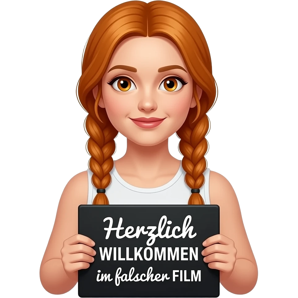 sexy girl with long ginger braids and ginger eyes wearing a white tanktop is holding a black sign with Herzlich WILLKOMMEN im falschen FILM written on it emoji
