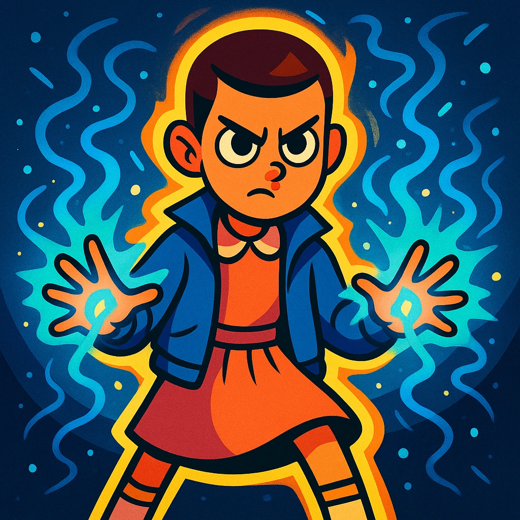 Stranger Things inspired character using supernatural powers like Eleven, glowing effects and telekinetic energy, vibrant toon style emoji