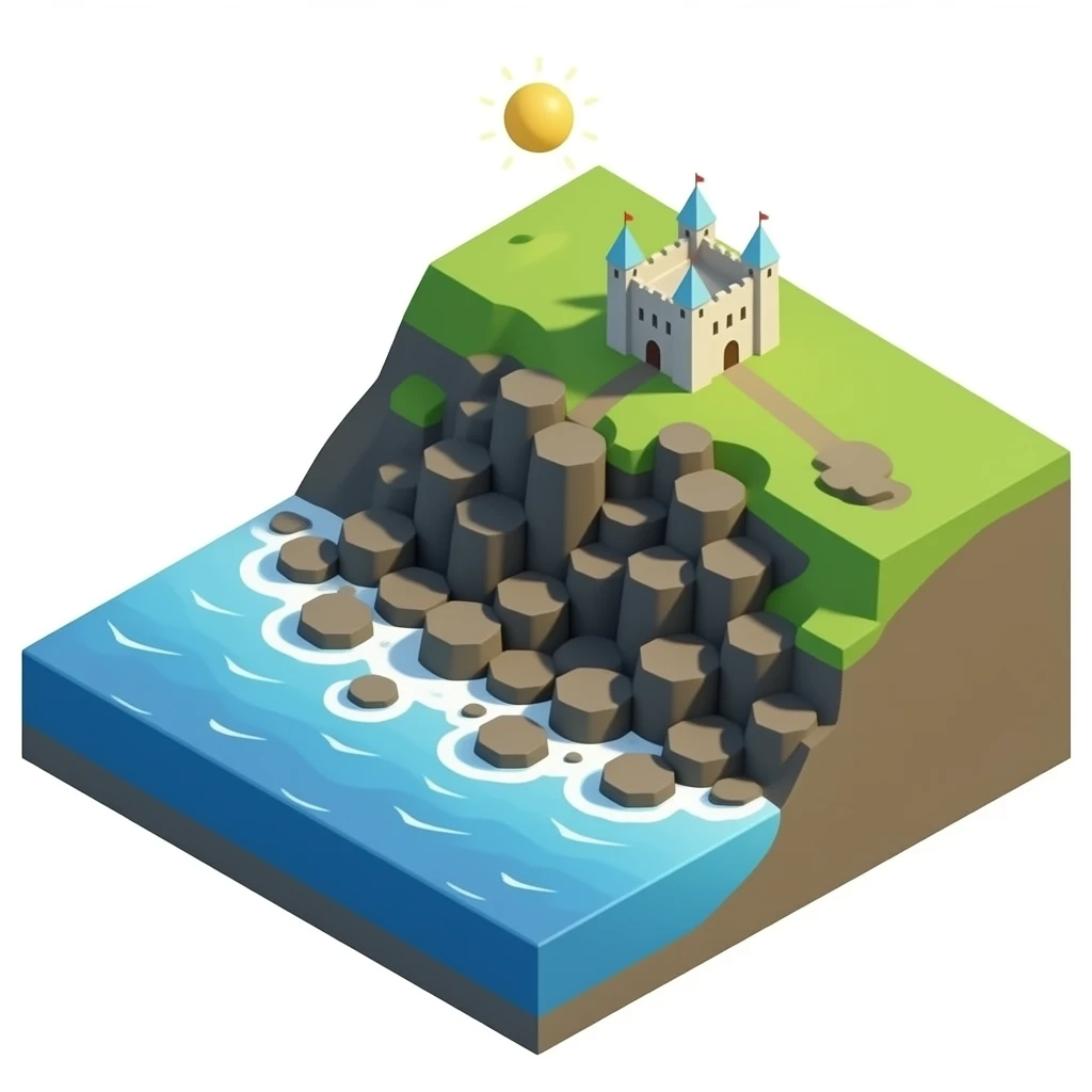 3D isometric miniature emoji of Giant's Causeway as the main focus, hexagonal basalt columns by the sea, with small Dublin castle and green countryside in the background, cute chibi style, rounded shapes, glossy vibrant colors, soft lighting, tiny diorama, minimal background emoji