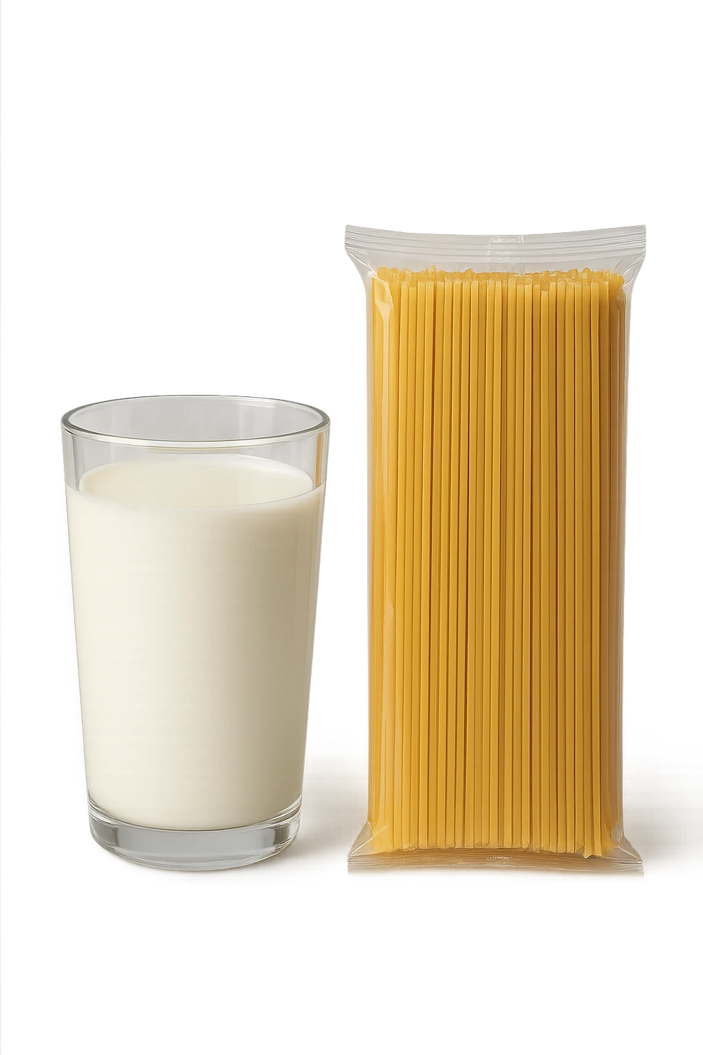 bicchiere di latte accanto a pacco di pasta emoji
