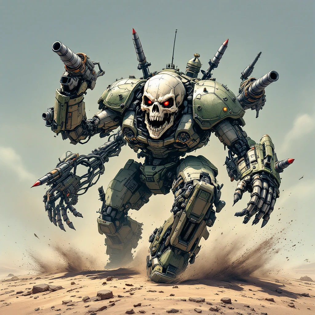 skull tank with four muscular arms, armed with guns, cannon, missiles, rushing into battle, fierce and energetic emoji