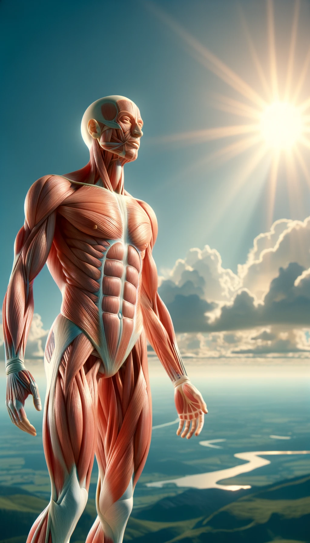 CORPO UMANO ANATOMICO IN PIEDI CHE CAMMINA DI FRONTE AL SOLE ESTIVO, COLORI REALISTICI DEI MUSCOLI, SFONDO CHIARO DEL CIELO, iperrealistico 4k emoji