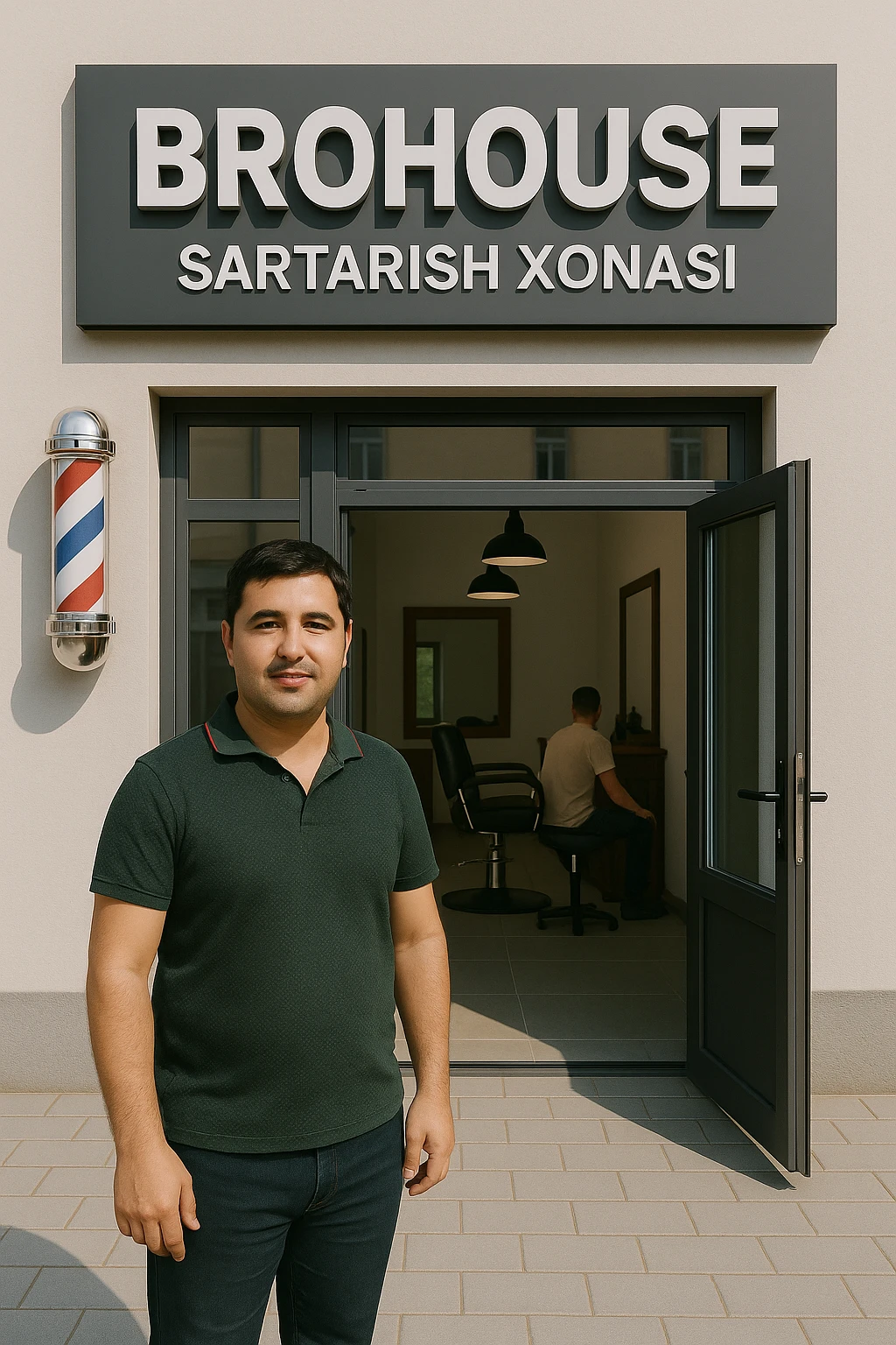 eni shu rasimga manashu odamga uxhshasin sartaosh eshik oldida tursin va tashqarida esa mijoz emoji