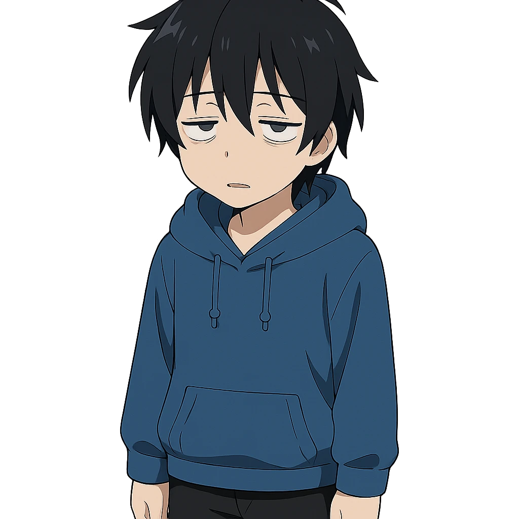 anime character with black hair, blue hoodie, black pants, sleepy expression emoji