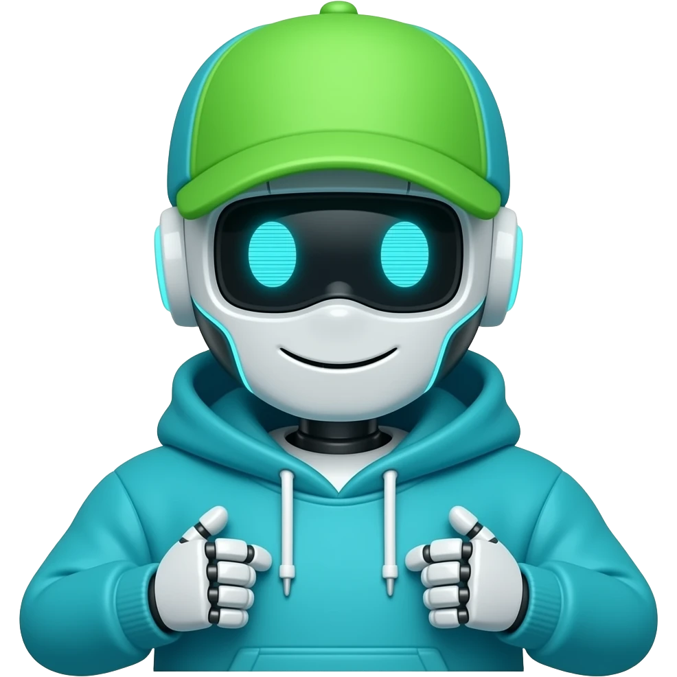Robot in cyan/lime hoodie cap emoji