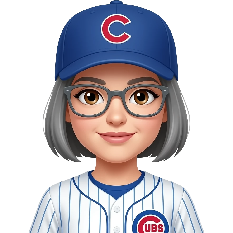 Female, brown eyes, medium gray short hair, gray glasses, cubs cap and uniform emoji