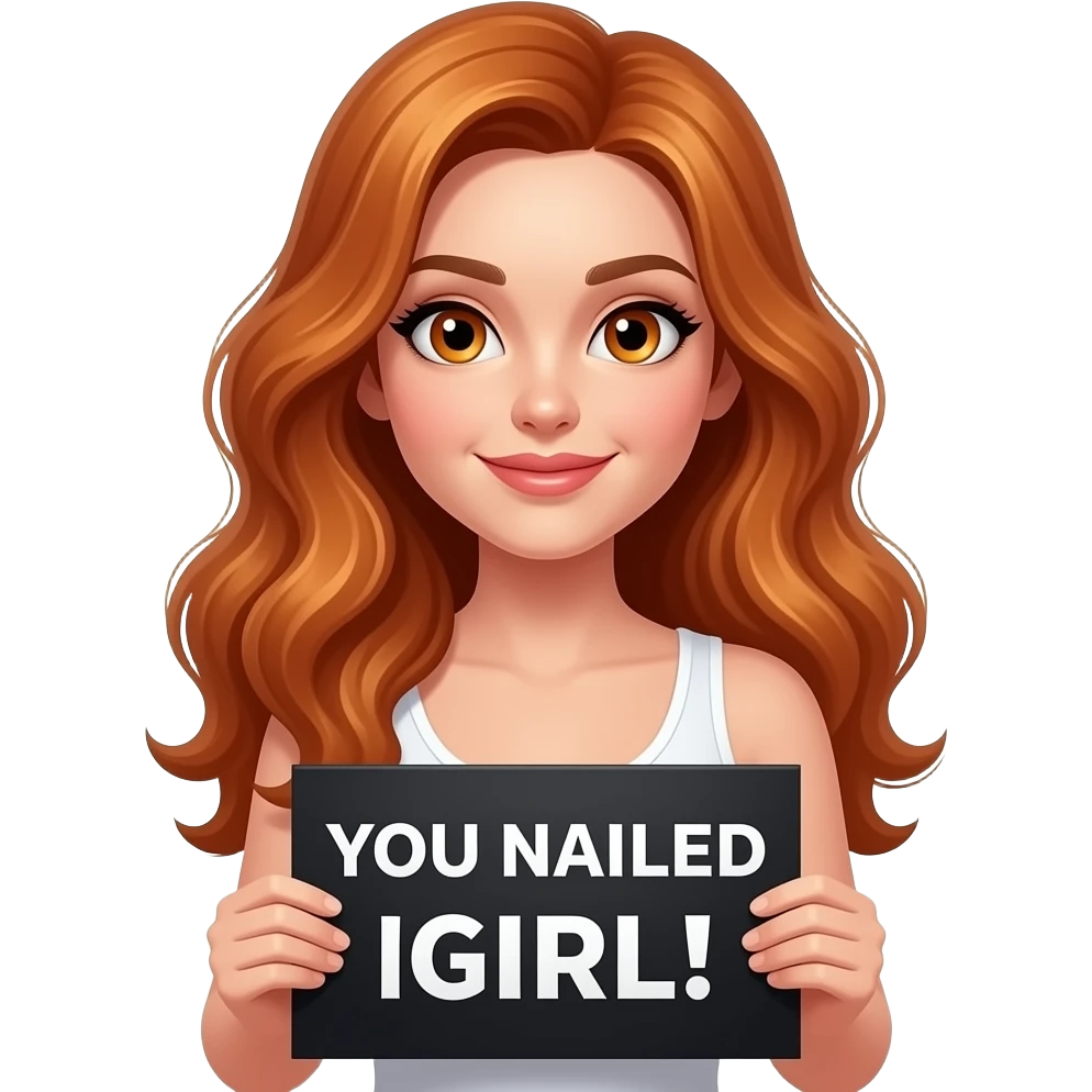 sexy girl with long wavy ginger hair and ginger eyes wearing a white tanktop is holding a black colored sign with YOU NAILED IT GIRL! written on it emoji