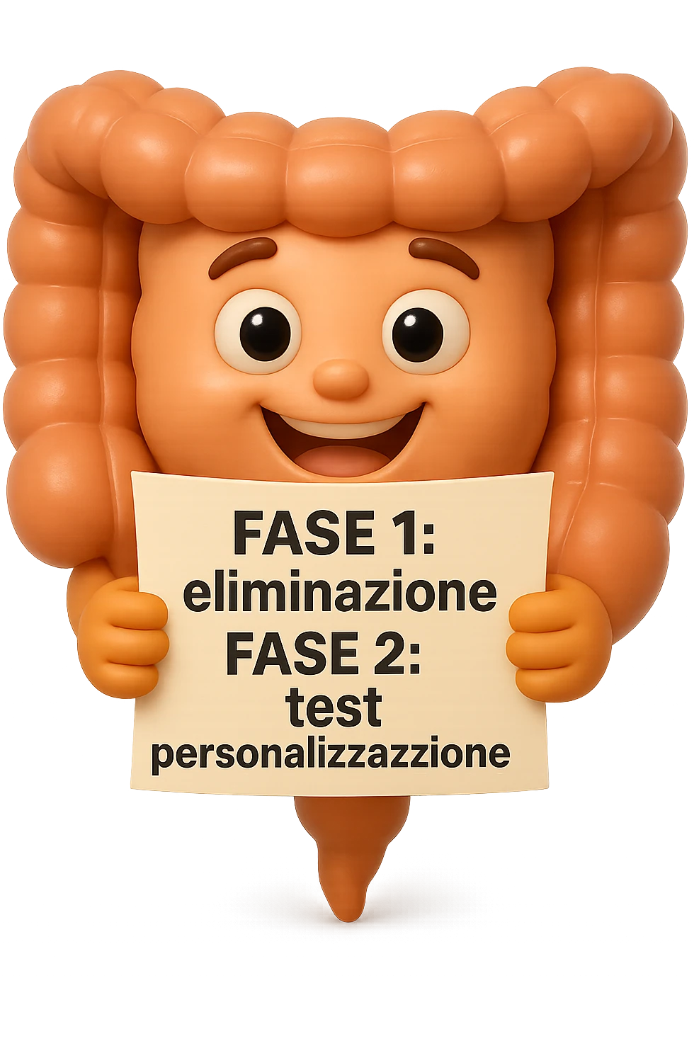 emoji stile iphone 3d di un intestino che tiene in mano un foglio con la scritta "FASE 1: eliminazione, FASE 2: test, FASE 3: personalizzazione, IPERREALISTICO 4K emoji