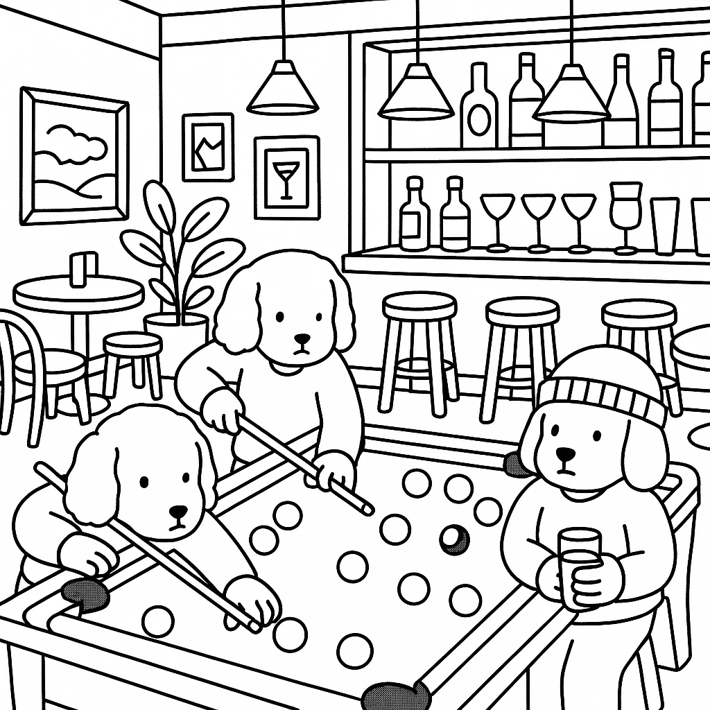 Create a line art drawing for coloring inspired by Bobbie Goods style but not identical. Use inspired strokes, cozy spaces, and humanoid characters with dog ears and snouts playing pool in a detailed bar setting with tables, chairs, paintings, plants, and glasses. The drawing should be ready for coloring with no color fill. emoji