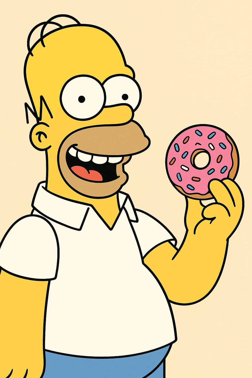 Homer Simpson smiling and holding a pink frosted donut, cartoon style, bright colors, simple background emoji