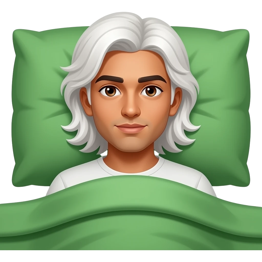 Darker Pakistani, brown eyes, Snuggled beneath blankets around head, Medium dark, olive, Really long white hair past the shoulders, tanned, clean-shaven young man with long white hair covered in like green duvet in bed emoji