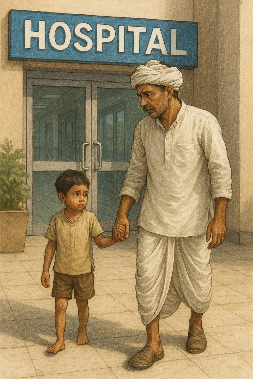 An Indian farmer wearing a dhoti, holding the hand of his 4-year-old child, walking into a hospital for a checkup due to nutrient deficiency, caring expression, hospital entrance visible, detailed illustration emoji