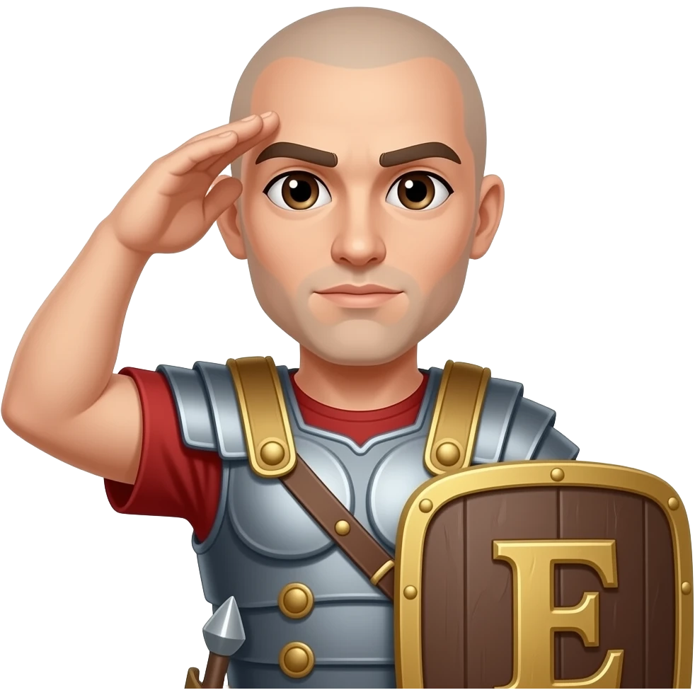 Athletic Roman soldier bald with brown eyes the Letter E on the shield saluting emoji