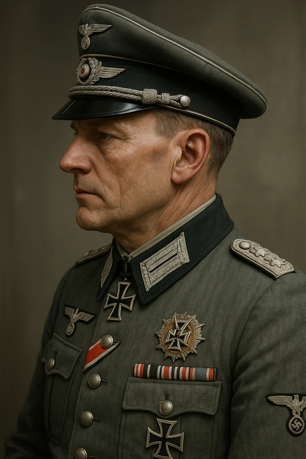World War II German officer, side profile, wearing peaked cap, decorated uniform, historically accurate, detailed, realistic style emoji