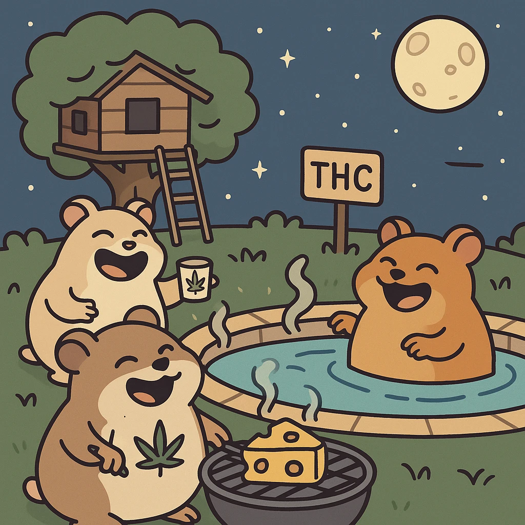 Discord server icon, square format, summer pool cookout scene with up to 3 hamsters laughing and having a good time, weed leaf, cheese, and THC theme, near a treehouse, in space. Flat toon style, soft but colorful, bold outlines, nostalgic, fun, inviting, summer party vibe, clear composition, less vibrant colors, designed to look good even at tiny size. emoji