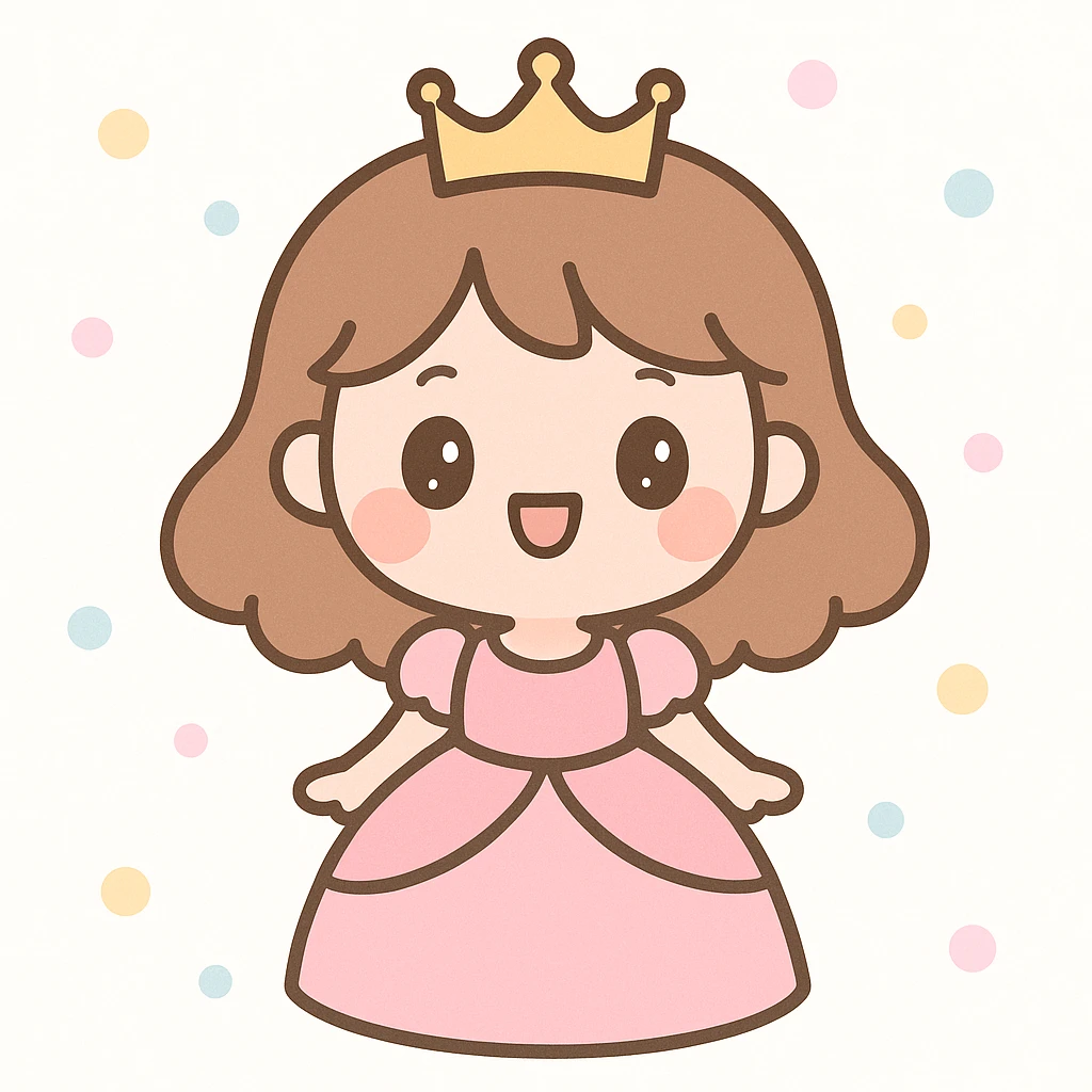 young princess in a pink dress, tiara on her head, smiling, kawaii style emoji