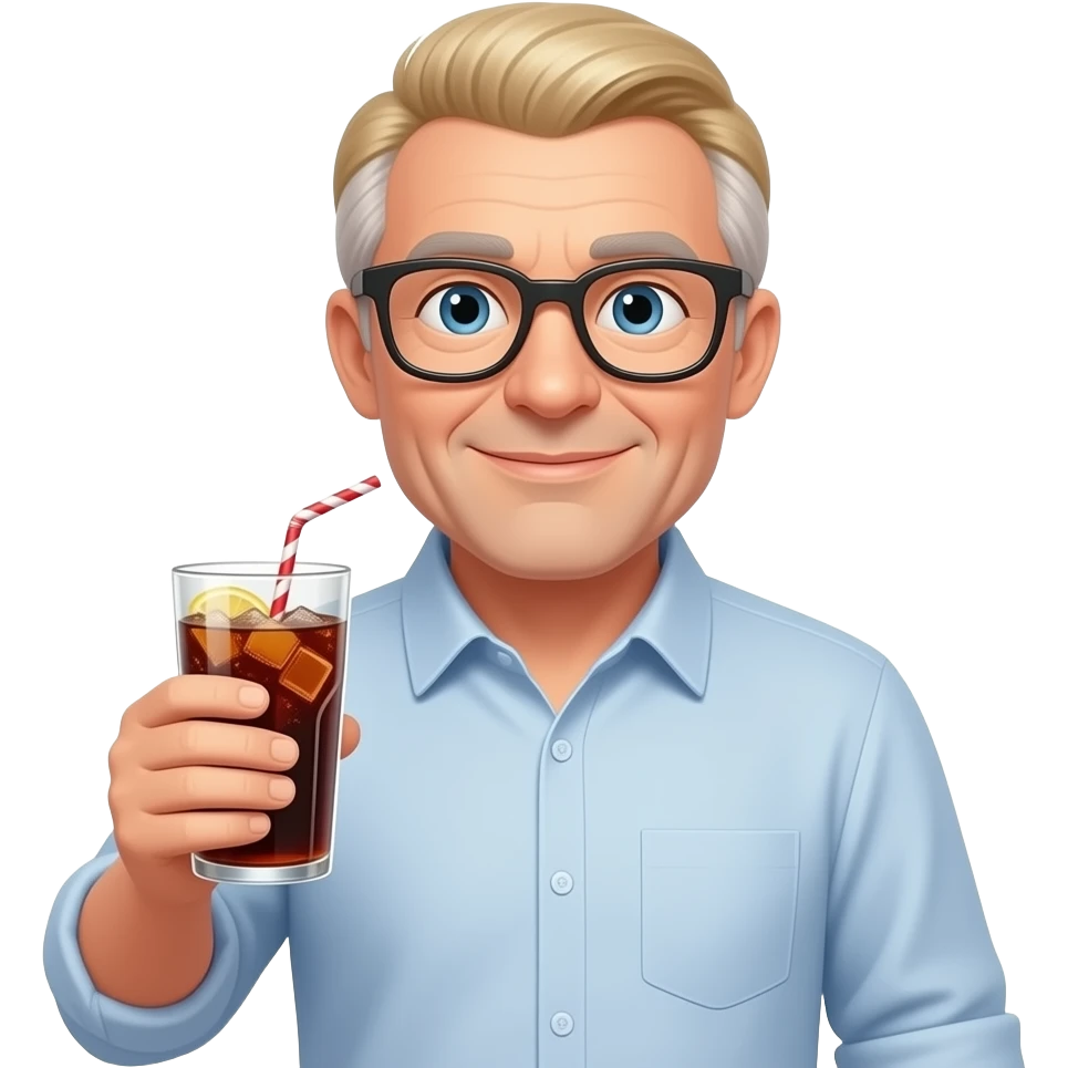 white nerdy man with no beard in his 60s - no glasses no defined jaw - wearing a button down -- with blond salt and pepper hair holding a cup of soda emoji