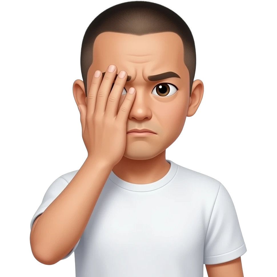 asian guy with shaved head with palm on face covering face shaking his head in disbelief with white t shirt on emoji