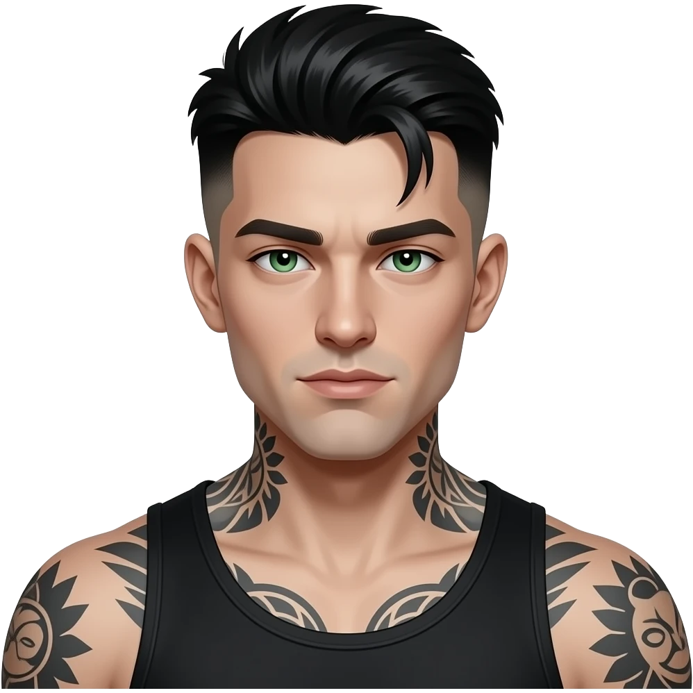 gars mystérieux dark, cheveux noir de jais low taper fade, yeux verts, musclé, tatoué, fossette, peau très très très pâle emoji