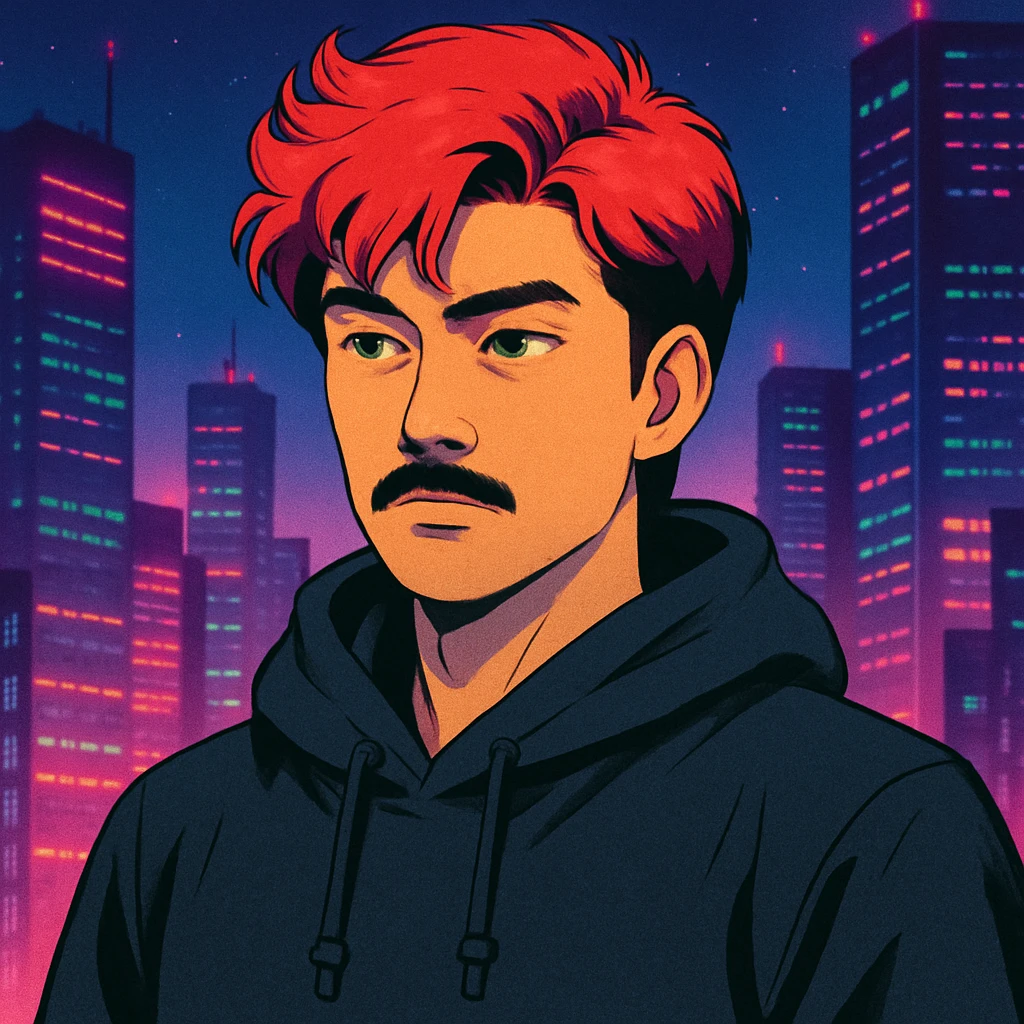 Asian man with black mustache, red hair, black hoodie, in retro-futuristic 80's anime style, city lights background emoji