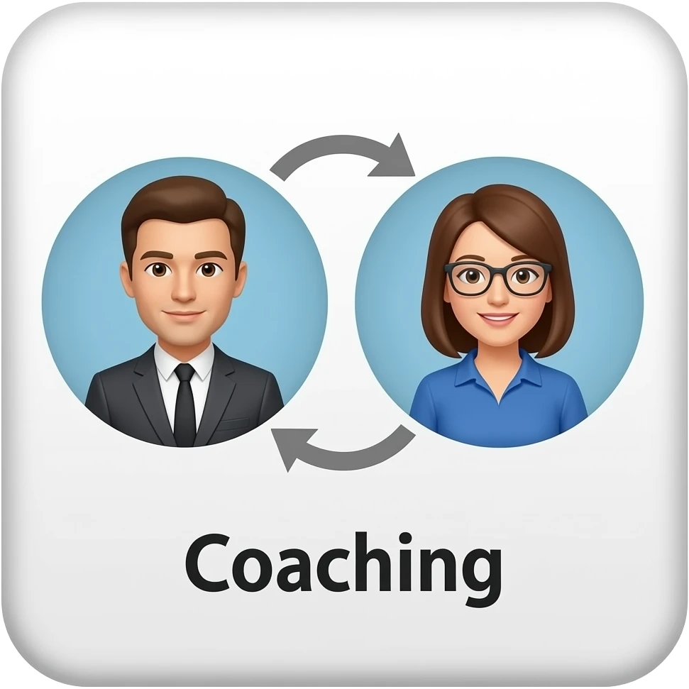 Flat design business icon showing two circular person avatars connected by curved bidirectional arrows, one in dark gray wearing a suit, one in blue casual, labeled 'Coaching', on a white rounded square card, minimalist two-tone style. emoji