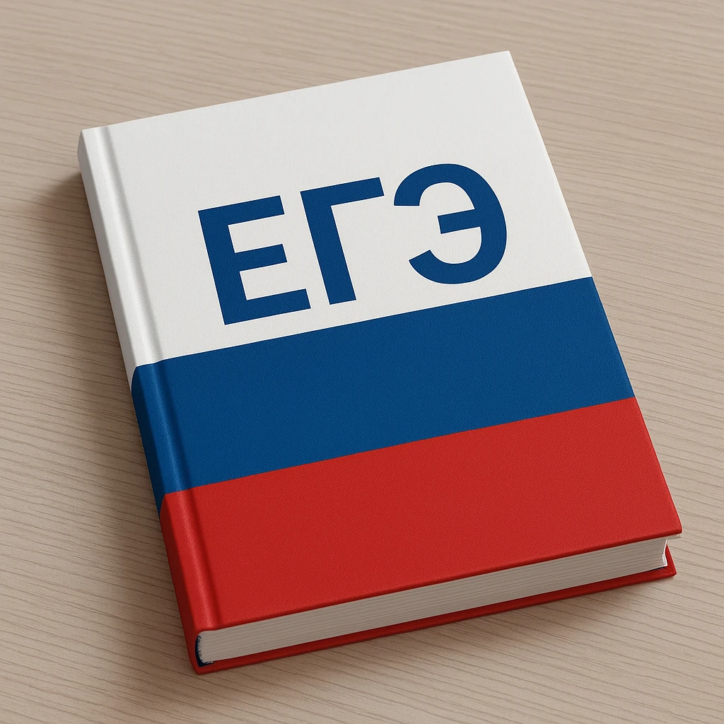 A textbook with a white, blue, and red striped cover, the word 'ЕГЭ' in big Cyrillic letters on the front emoji
