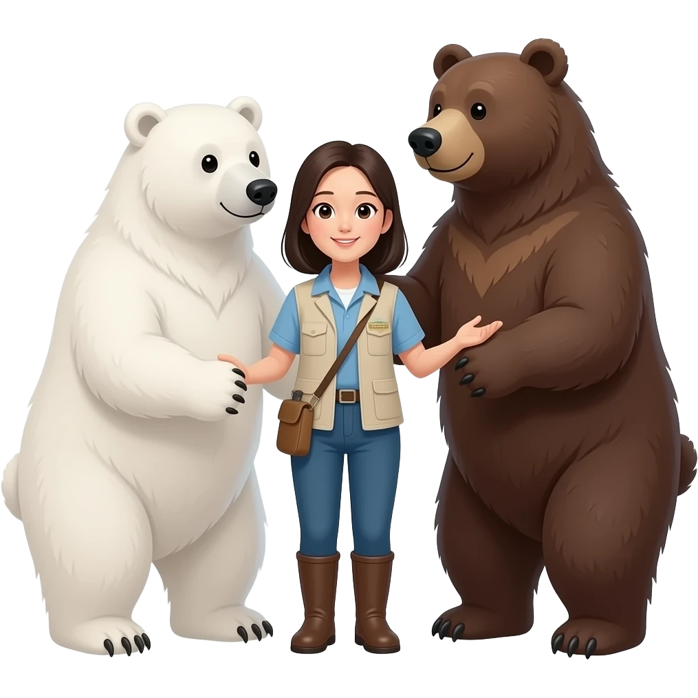 korean woman zookeeper for one white bear and one grizzly bear (bears are the same height) affectionate to the zookeeper emoji
