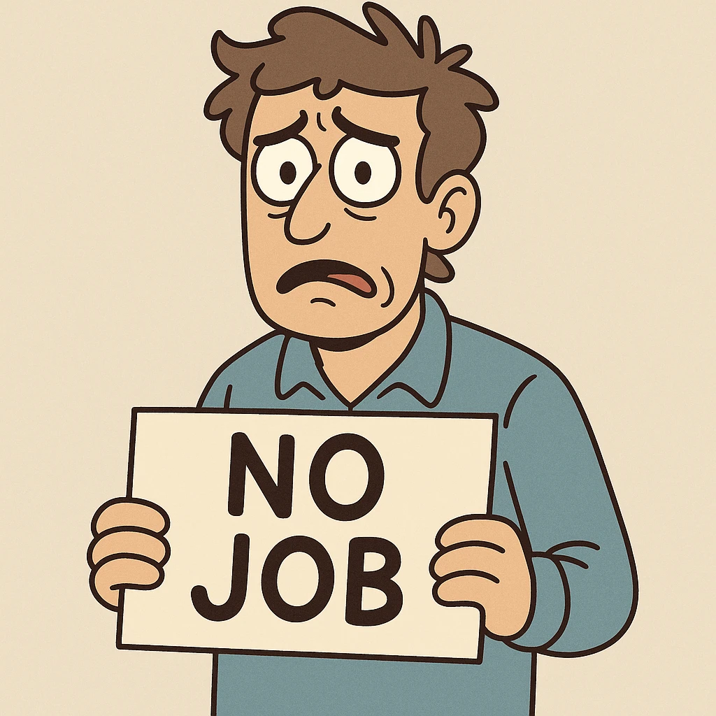a worried man holding a 'no job' sign, flat toon style emoji