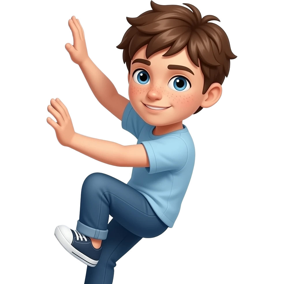 Hazme un chico con pelo rebelde castaño, ojos azules y unas pecas. que este escalando una pared emoji