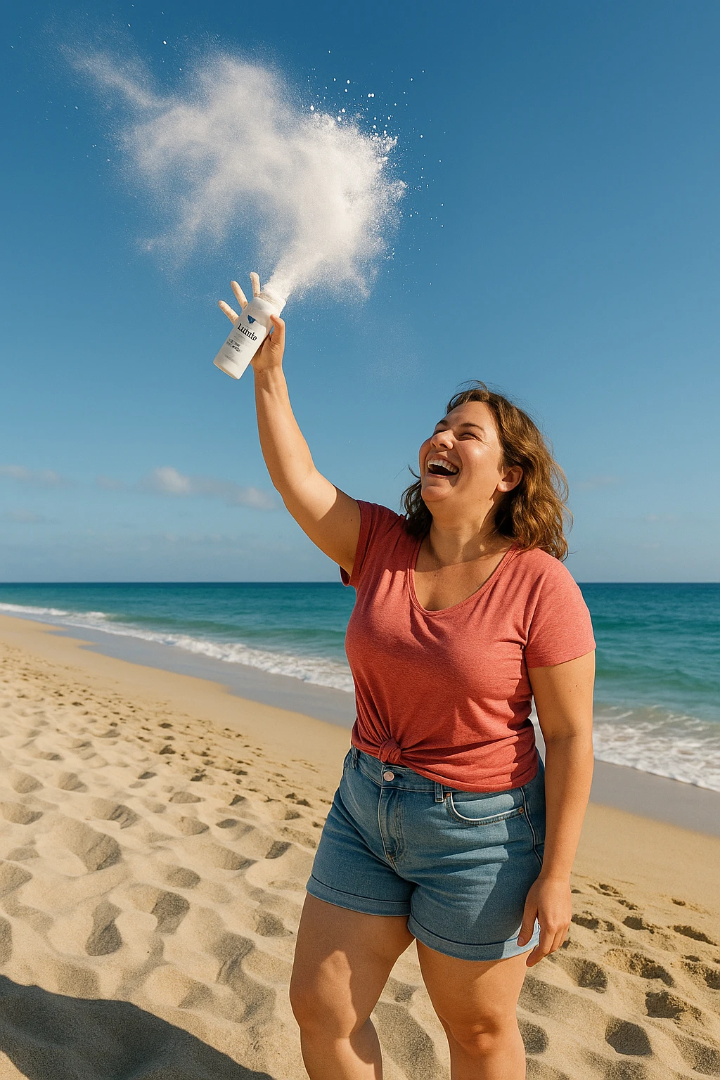 Donna in spiaggia che butta il borotalco italiano, la donna è intorno ai 66kg emoji