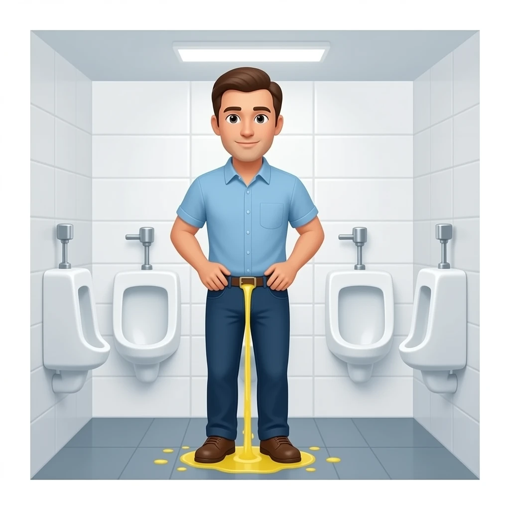 Erstelle ein Bild von einem öffentlichen WC, ein Mann steht vor einem urinal und hält sich die Hände oben vor der Hose und oben vorn aus seiner Hose kommt ein gelber dünner Wasserstrahl der in das urinal trifft emoji