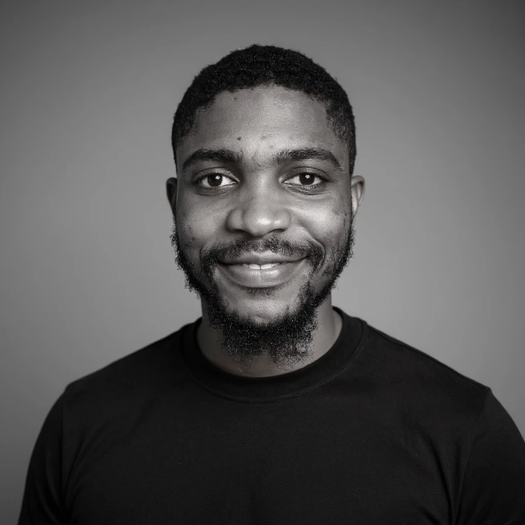 A professional portrait of me in monochrome. Plain black crew neck shirt. Tailored to LinkedIn. Tech boy vibe (programmer). I’m a black man from Nigeria. Retain facial features from attached image. emoji