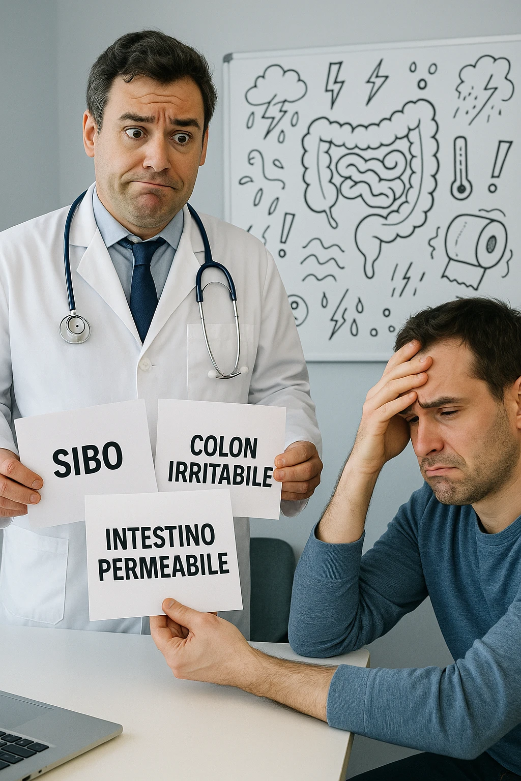 Scena clinica con un medico confuso in camice bianco davanti a un paziente seduto. Il medico ha tre fogli in mano, e li mostra uno alla volta con espressione incerta: il primo dice 'SIBO', il secondo 'Colon Irritabile', il terzo 'Intestino Permeabile'. Il paziente ha un’espressione confusa e scoraggiata, con una mano sulla fronte. Sullo sfondo una lavagna caotica con disegni di intestino e sintomi ovunque. Stile realistico con tocchi ironici, toni freddi da ambulatorio ma con un messaggio visivo forte di incertezza diagnostica. in italiano emoji