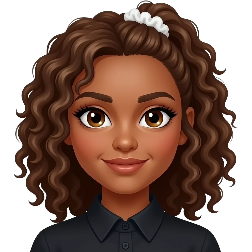 ggirl with bright brown hair, slightly curly, held together with a white scrunchie, dark-golden-brown skin, big brown eyes, long lashes, thick dark eyebrows, a single dimple on her left cheek, vampire shirt. emoji